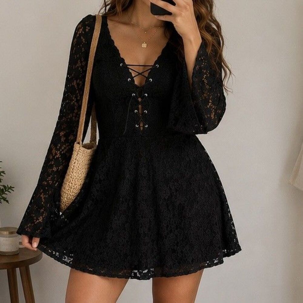 Ambiance Black Lace Bell Sleeve Mini Dress Women’s Size S Gothic Boho Lace-Up